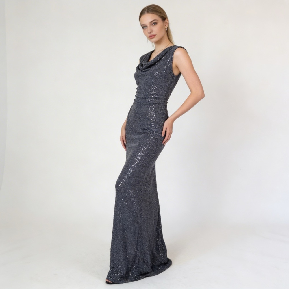 X BY XSCAPE | Gunmetal Gray Sequin Draped Neck Open Back Gown